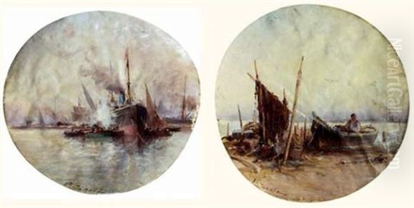 Bateau Au Port (+ Pecheur Et Barque Sur La Greve; 2 Works) Oil Painting by Victor Coste