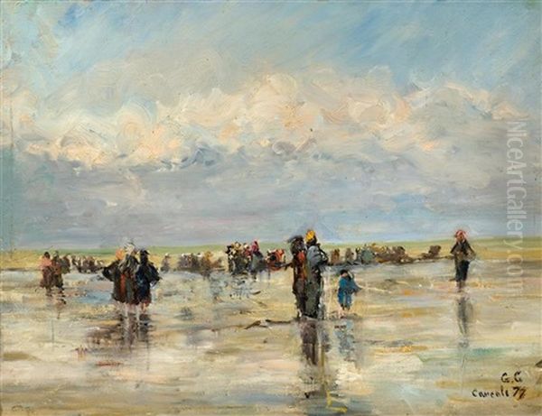 Beach Scene With Figures Near Cancale Oil Painting by George Costeau