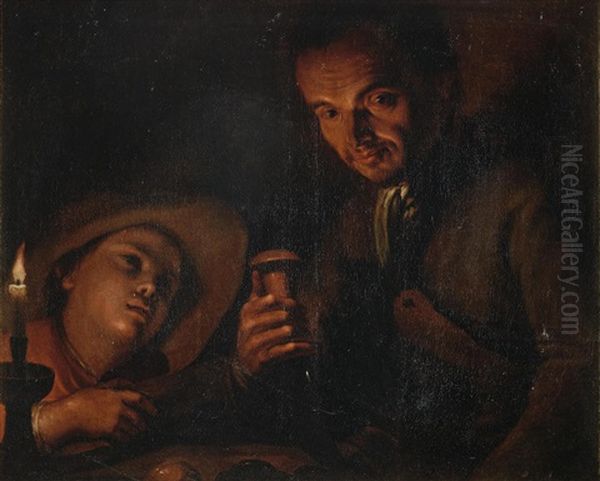 Figures By Candlelight Oil Painting by Adam de Coster