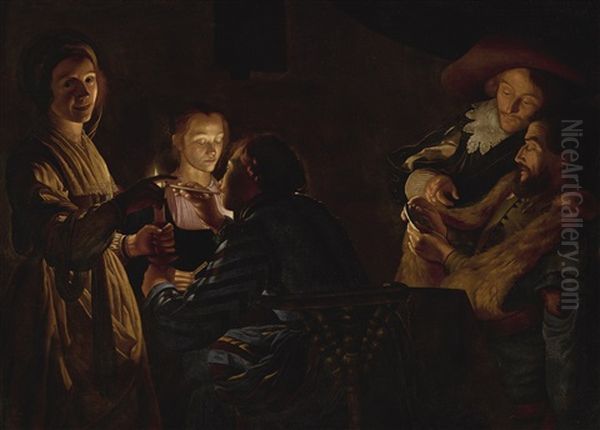 Card Players By Candlelight Oil Painting by Adam de Coster