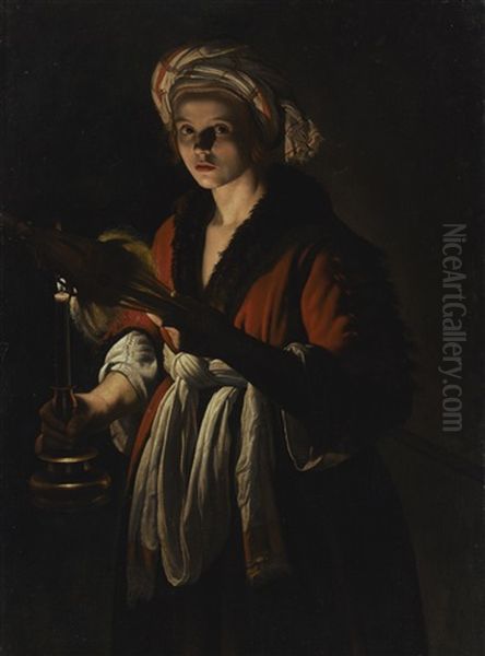 A Young Woman Holding A Distaff Before A Lit Candle Oil Painting by Adam de Coster