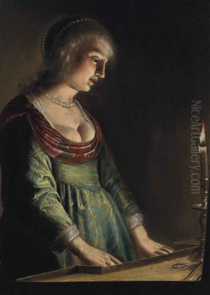 An Elegant Lady Playing The Spinet By Candlelight Oil Painting by Adam de Coster