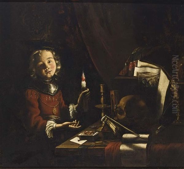 A Vanitas Still Life Of A Young Boy Holding A Candle In Front Of A Table Oil Painting by Adam de Coster