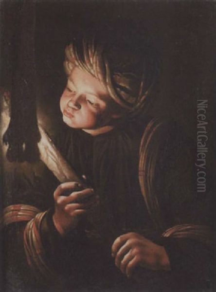 A Boy Blowing On An Ember Oil Painting by Adam de Coster