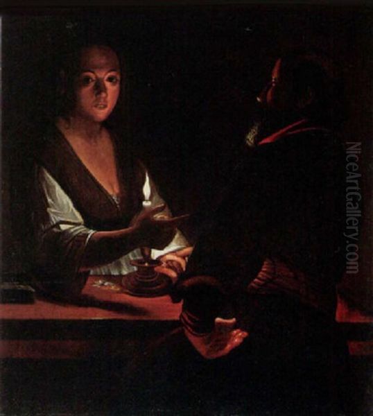 A Candle-lit Scene With Two Figures At A Table - Mercenary Love Oil Painting by Adam de Coster