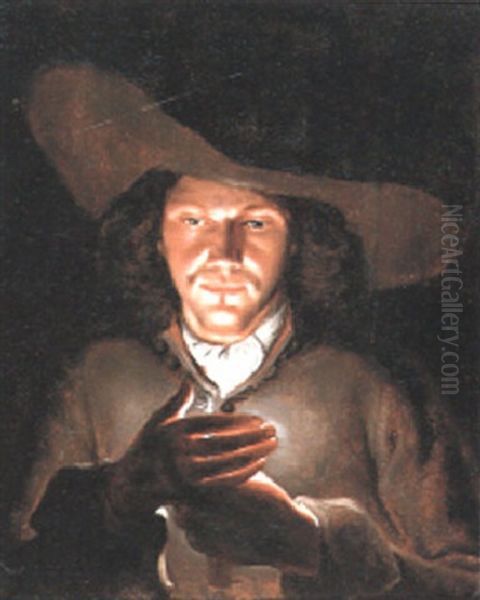 A Young Man, Half Length, Wearing Wide-brimmed Hat, Protecting The Flame Of A Candle With His Hand Oil Painting by Adam de Coster