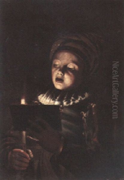 A Boy Reading By Candlelight Oil Painting by Adam de Coster