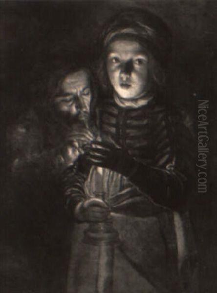 Young Boy Holding A Candle With Man Leaning Over His Shoulder Oil Painting by Adam de Coster