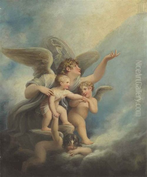 An Angel And Putti Accompanying A Child's Soul To Heaven Oil Painting by Maria Hadfield Cosway