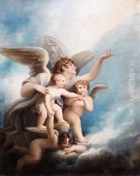 An Angel And Putti Accompanying A Child's Soul To Heaven Oil Painting by Maria Hadfield Cosway