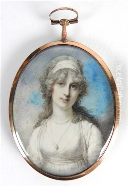 Portrait Miniature Of A Young Lady Wearing A White Dress And Bandeau In Her Powered Hair Oil Painting by Richard Cosway