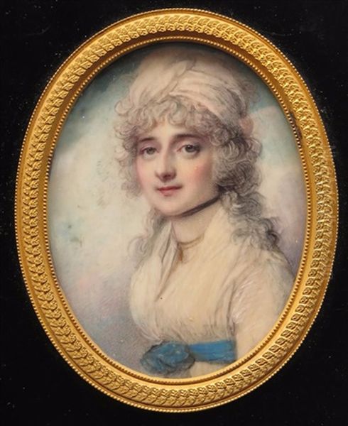 Portrait Miniature Of Miss Gunning, Head And Shoulders, Wearing A Turban And A Blue Sash Oil Painting by Richard Cosway