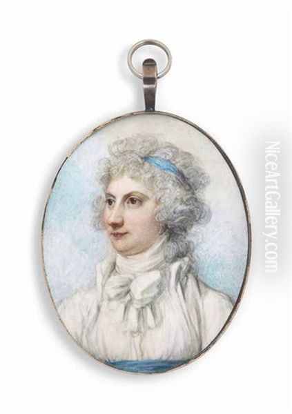 A Lady Called The Duchess Of Richmond, In White Dress, White Coat And White Knotted Scarf, Blue Sash And Blue Hairband In Her Curling Powdered Hair; Sky Background by Richard Cosway