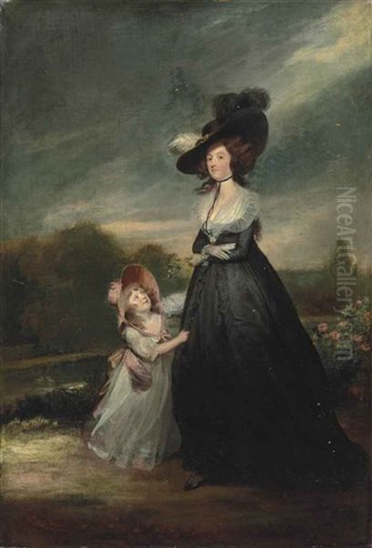 Portrait Of A Lady And A Young Girl, Full-length, The Lady In A Black Silk Dress With A White Lace Shawl, A Black Choker, From Which Hangs A Portrait Miniature, And A Black Hat With Black And White Feathers, The Girl In A White Chiffon Dress With Pink Bow Oil Painting by Richard Cosway