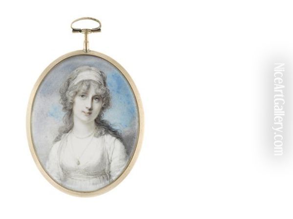 A Lady, Wearing White Dress And Matching Bandeau In Her Powdered Hair, A Double-stranded Pendant Necklace Suspended From Her Neck Oil Painting by Richard Cosway