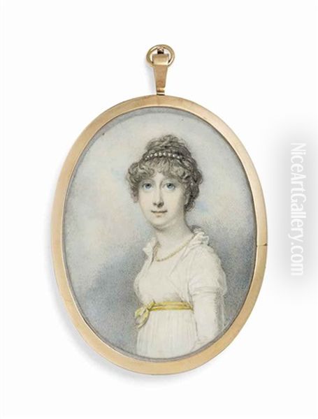 A Young Lady, In White Dress With Long Sleeves, Yellow Sash Tied In A Bow Around Waist, Wearing Pearl Necklace, Strand Of Pearls Oil Painting by Richard Cosway