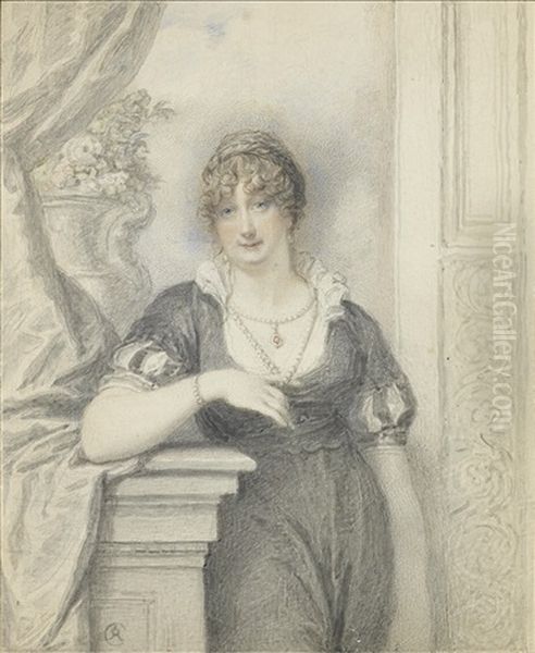 A Lady, Standing In A Classical Interior And Wearing Black Dress With Short Sleeves Slashed To Reveal White, White Frilled Standing Collar, Multi-stranded Pearl Necklace Suspending A Pendant Jewel Oil Painting by Richard Cosway