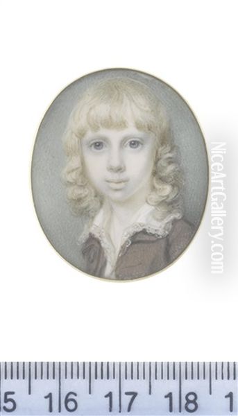 A Young Boy, Wearing Brown Coat, White Chemise With Lace Edged Collar, His Blond Curling Hair Falling To His Shoulders by Richard Cosway