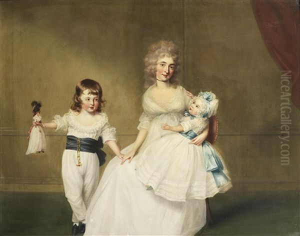 Portrait Of Mrs J.p. Fector, With Her Two Children, Peter And Mary, In An Interior Oil Painting by Richard Cosway