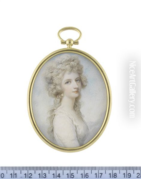 A Lady, Wearing White Dress With Frilled Trim To Her Decollete, Pearl Pendant Earring, Her Powdered Hair Dressed With A Strand Of Pearls And Worn A La Conseilleur Oil Painting by Richard Cosway