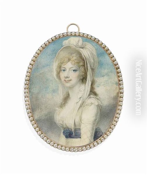 Princess Augusta Sophia (1768-1840), In White Dress With Frilled Open Collar, The Sleeves Embroidered With A Criss-cross Pattern, Blue Sash Tied Around Waist Oil Painting by Richard Cosway