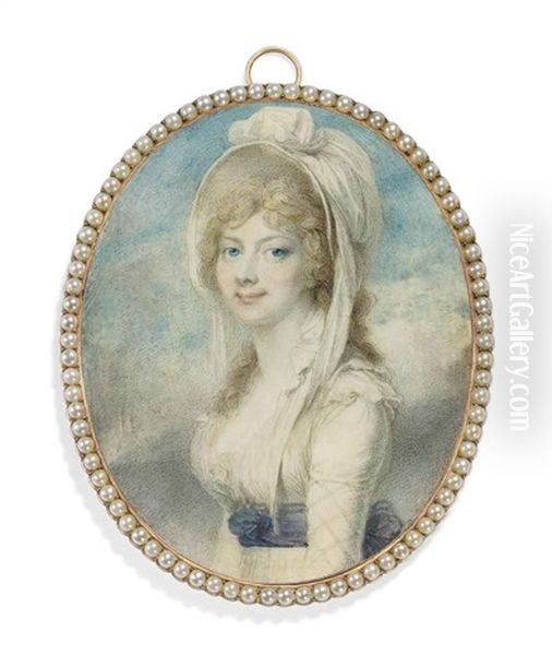 Princess Augusta Sophia, In White Dress With Frilled Open Collar, The Sleeves Embroidered With A Criss-cross Pattern, Blue Sash Tied Around Waist Oil Painting by Richard Cosway