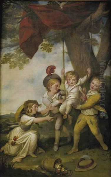 Group Portrait Of The Children Of Edmund Boyle, 7th Earl Of Cork, Playing With A Swing Oil Painting by Richard Cosway