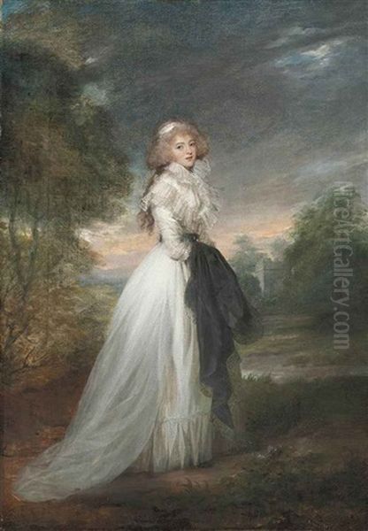 Portrait Of A Lady In A White Dress With A Black Belt, Holding A Black Lace-trimmed Shawl, In A Landscape With Ruins Beyond Oil Painting by Richard Cosway