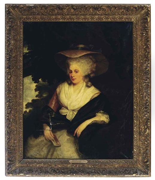 Portrait Of A Lady Wearing A Hat And Holding A Book In A Landscape Oil Painting by Richard Cosway