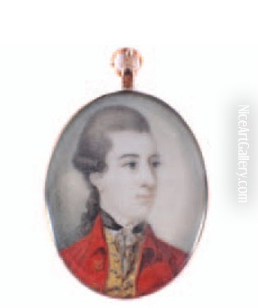 Portrait Of A Gentleman With Powdered Hair Tied In A Ribbon, Wearing A Red Coat And Yellow Waistcoat Oil Painting by Richard Cosway