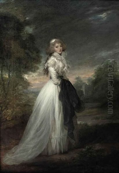 Portrait Of A Lady In A White Dress, Standing In A Park Landscape Holding A Dark Robe Oil Painting by Richard Cosway