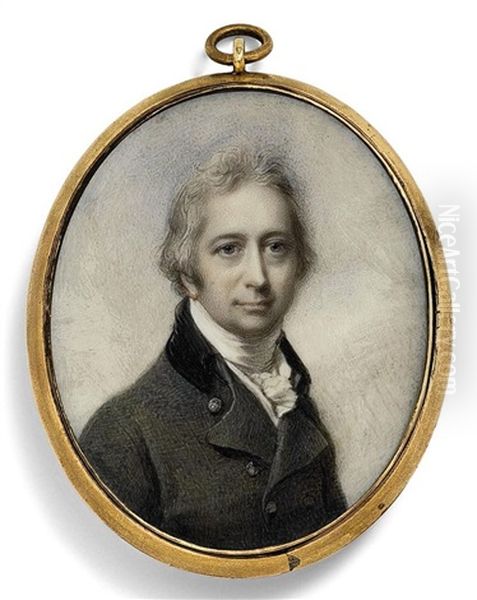 A Gentleman, In Dark Double-breasted Coat, Black Velvet Collar, White Knotted Cravat, Powdered Hair; Sky Background Oil Painting by Richard Cosway