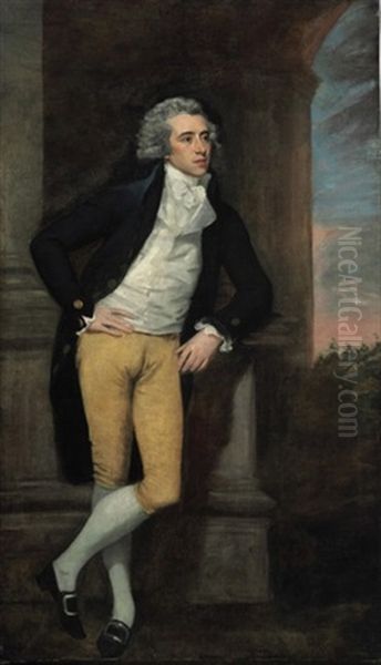 Portrait Of A Young Gentleman, Wearing A Blue Coat, Leaning On A Pillar, A Landscape Beyond Oil Painting by Richard Cosway