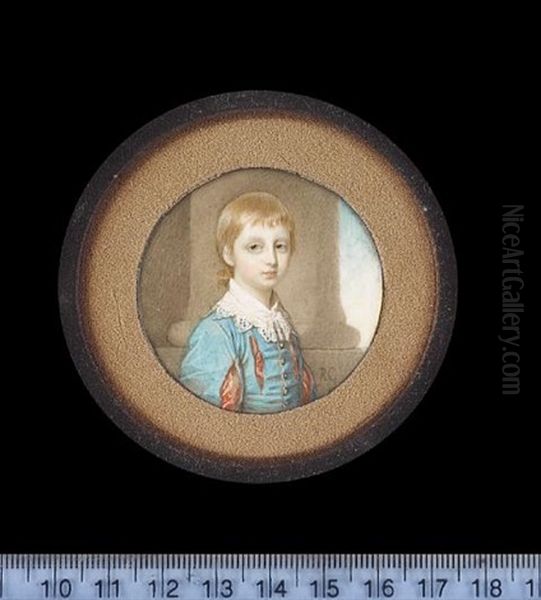 A Young Boy, Wearing Cyan-blue Doublet Slashed To Reveal Scarlet And Gold, His White Lace Trimmed Collar Tied With Tasselled Laces, Column Background Oil Painting by Richard Cosway