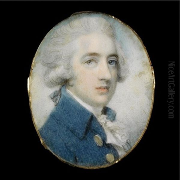 Portrait Of A Gentleman, Head And Shoulders, With Powdered Hair En Queue, Wearing A Blue Coat With Brass Buttons And A White Cravat, Cloud And Sky Background Oil Painting by Richard Cosway