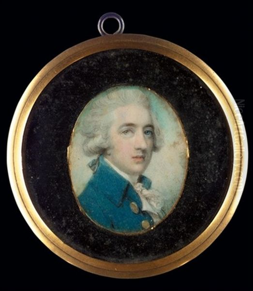 Portrait Of A Gentleman, Head And Shoulders, With A Powdered Hair En Queue, Wearing A Blue Coat With Brass Buttons And A White Tied Cravat, Cloud And Sky Background Oil Painting by Richard Cosway