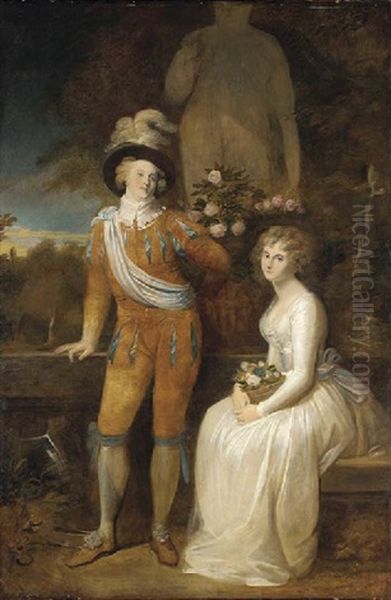 Double Portrait Of A Gentleman In Yellow And Blue Van Dyck Costume With A Young Woman Seated Before A Statue, In A Classical Garden Oil Painting by Richard Cosway