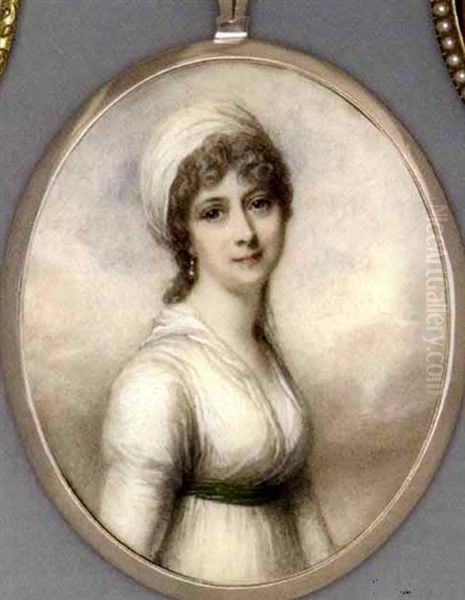 A Young Lady In White Dress With Green Sash, Drop Pearl Earring And White Bandeau In Her Long Powdered Curling Hair by Richard Cosway