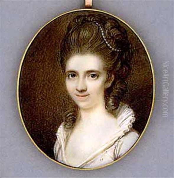 A Young Lady, In White Dress With High Standing Collar, String Of Pearls In Her Upswept And Curling Brown Hair Oil Painting by Richard Cosway