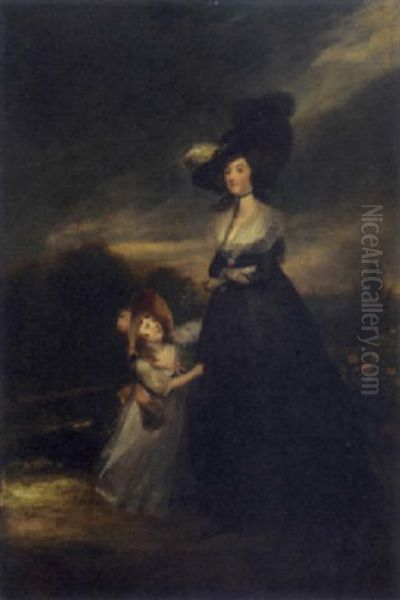 Portrait Of A Lady In A Black Dress And Hat And Portrait Of A Girl In A White Dress And Pink Bonnet Oil Painting by Richard Cosway