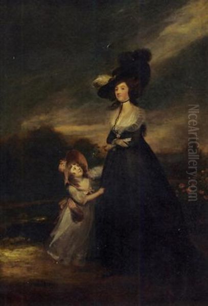 Portrait Of A Lady In A Black Dress And Hat, With Her Daughter In A White Dress And Pink Bonnet Oil Painting by Richard Cosway