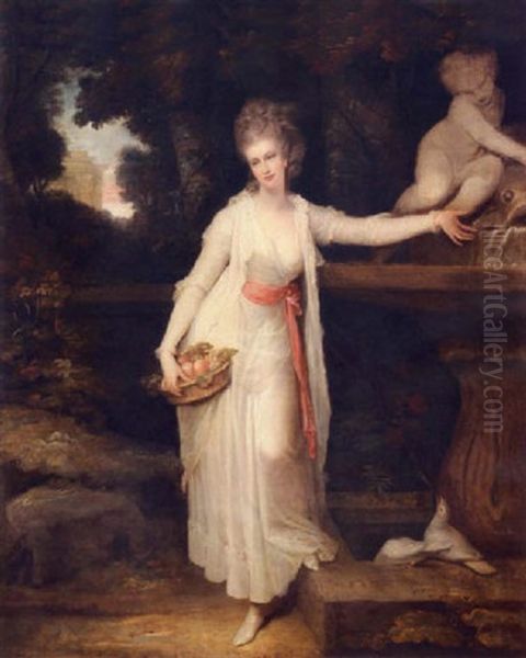 Portrait Of Mary Curzon, Lady Stawell, Standing By A Fountain, Wearing A White Dress And Holding A Basket Of Fruit Oil Painting by Richard Cosway