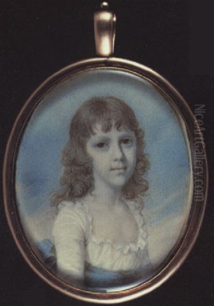 A Child (mary Spencer Shirley?) Wearing White Dress With Frilled Collar And Blue Ribbon Waistband Oil Painting by Richard Cosway