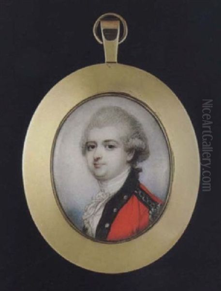 Portrait Of An Officer With Powdered Hair En Queue, Wearing Scarlet Coat With Black Facings, Silver Buttons And Epaulette... Oil Painting by Richard Cosway