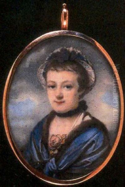 A Lady In White Dress, A Blue, Fur Trimmed Shawl Over Her Shoulders, A Rose At Her Corsage Oil Painting by Richard Cosway