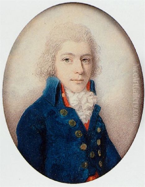 Clive Thomas Esq., With Powdered Hair, Wearing Blue Coat With Gold Buttons, Red Waistcoat And Frilled White Cravat Oil Painting by Richard Cosway