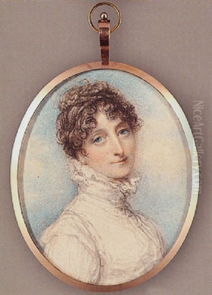 Portrait Of A Young Lady, With Curled Hair, Wearing White Dress With High Ruff Collar Oil Painting by Richard Cosway