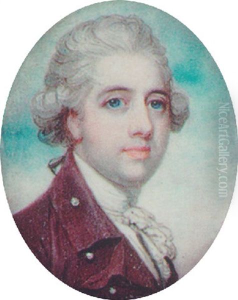 A Gentleman With Powdered Hair En Queue Wearing A Plum Coloured Coat With Pearl Buttons And A White Waistcoat Oil Painting by Richard Cosway