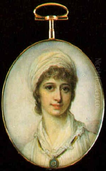 A Lady Wearing White Dress And Turban, A Porotrait Miniature Around Her Neck Oil Painting by Richard Cosway