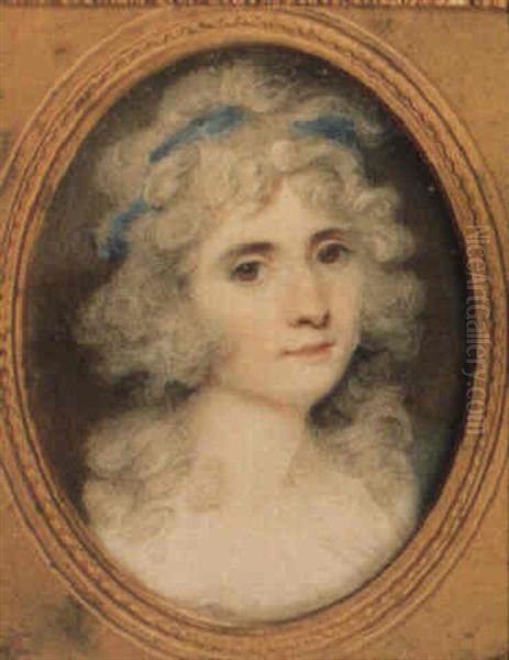 A Lady With Powdered Hair Tied With A Blue Ribbon Wearing A White Dress Oil Painting by Richard Cosway